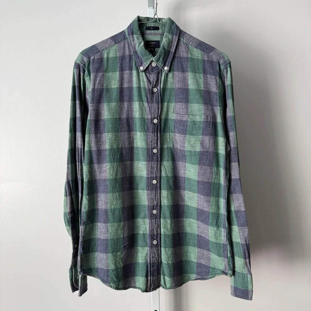 J.Crew M Green Plaid‎ Slim Homespun Cotton Button Shirt Preppy Classic Outdoors